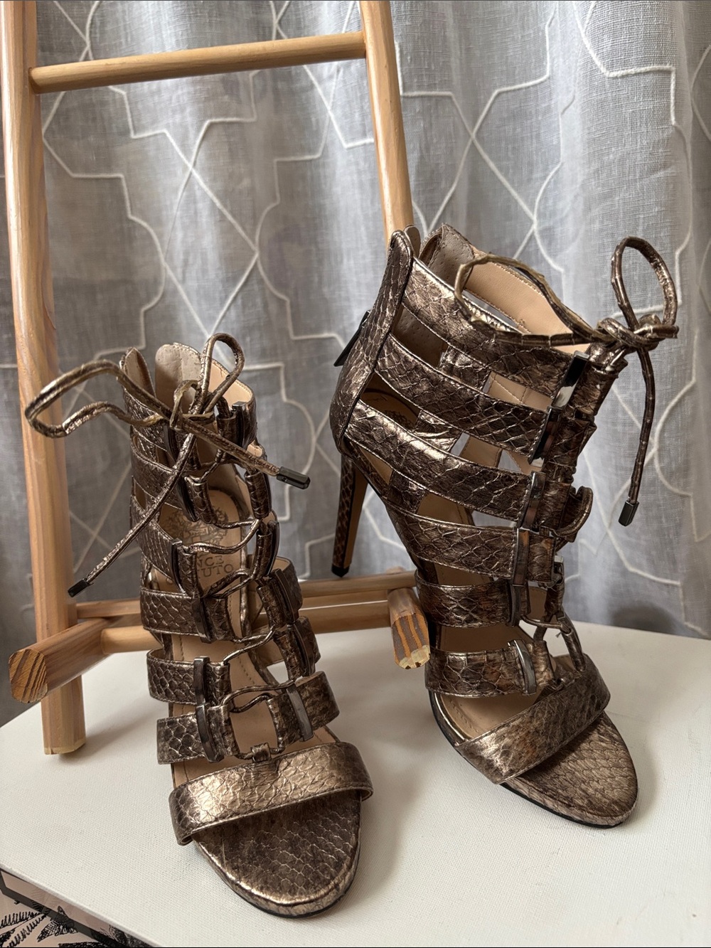 Vince Camuto Bronze Freshi Leather Heels—Faux Snakeskin Size 5.5 M